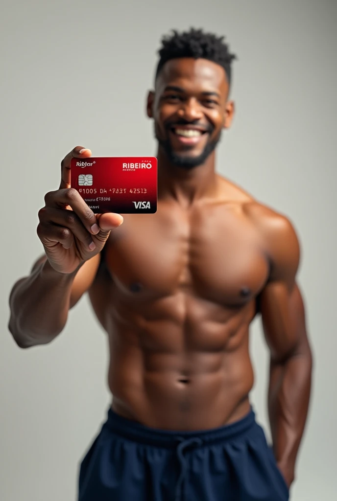 Mixed race man, strong and muscular, smooth-faced and short-haired, in navy blue shorts, Grinning, showing a credit card with red and black colors, written on it “RIBEIRO CARD” in capital letters.