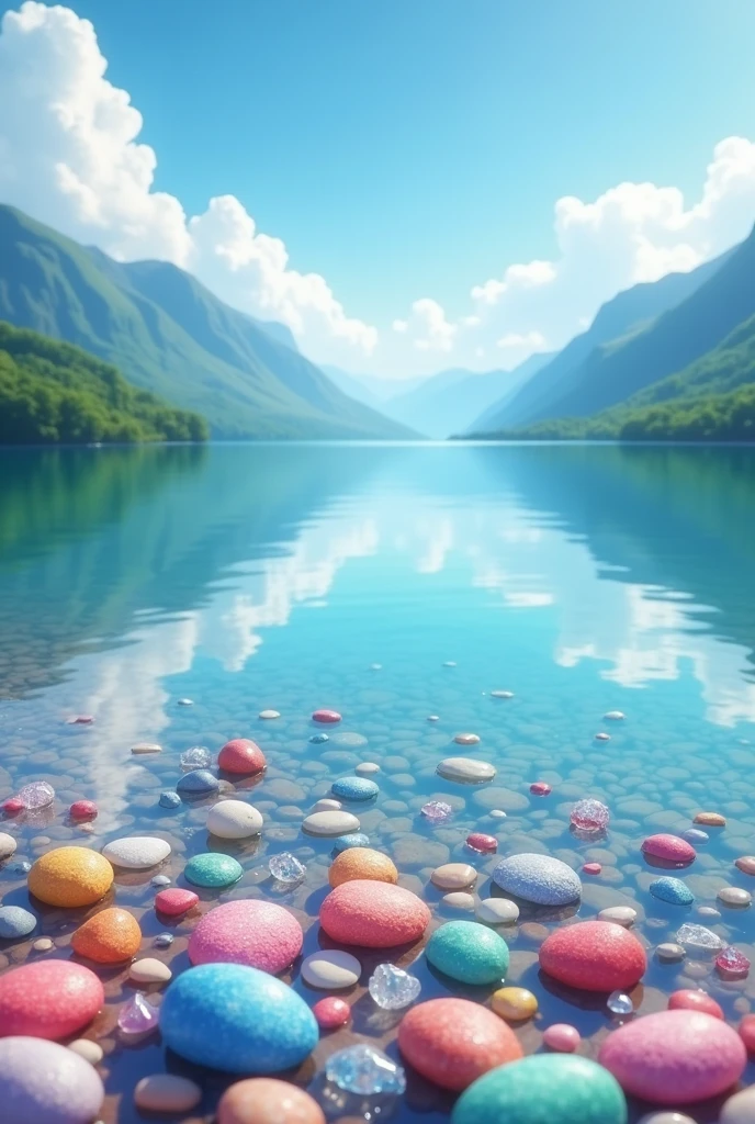 A beautiful lakeshore scene where the clear water reflects smooth pastel-colored stones in shades of red, pink, blue, white, green, and yellow, along with sparkling crystal-like glass pieces. The water is calm, reflecting the blue sky and white clouds. In the background, lush green mountains stretch across the horizon, creating a peaceful and picturesque atmosphere reminiscent of a painting.