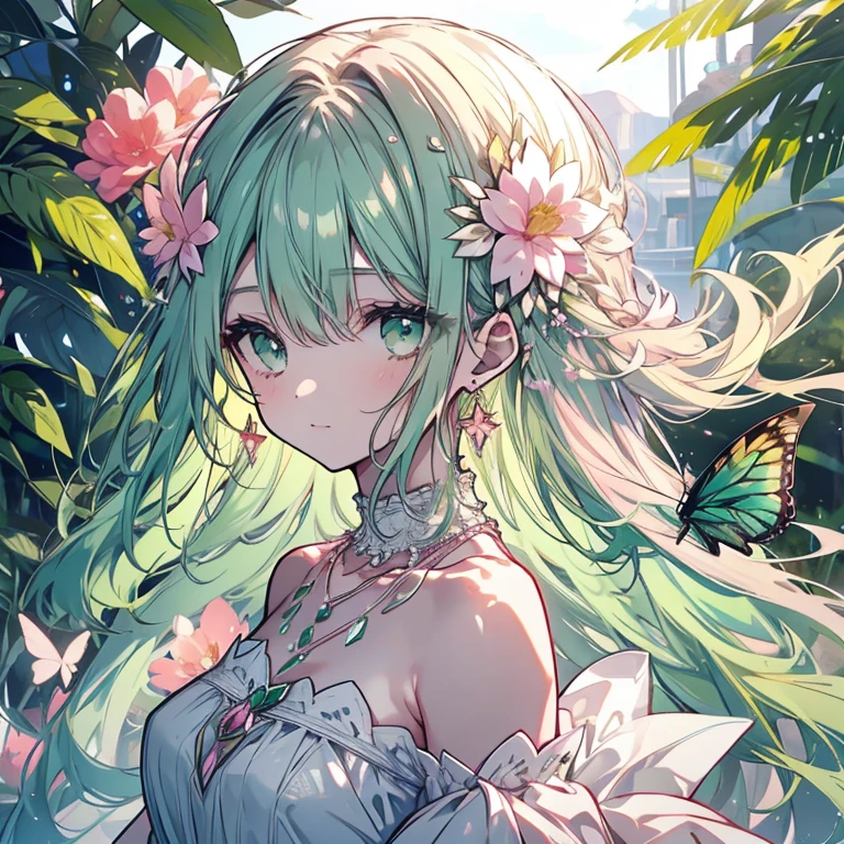 1 person、mature、Ample breasts、Long Hair、Emerald green eyes、dress、Shoulder Bare、gem、necklace、Earrings、bracelet、Globe algae、Globe algaeの妖精、lake、Natural light、Pink Flower、Butterflies fluttering、High resolution、Highest quality