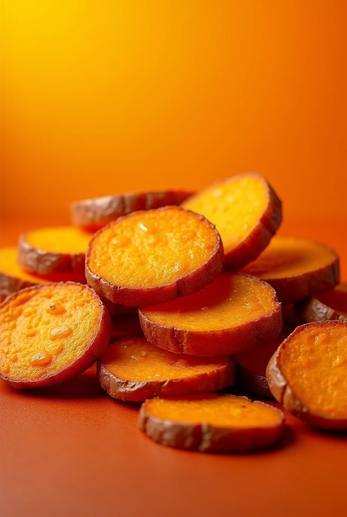 DARK ORANGE COLORED SWEET POTATO IN SLICES FRIED IN SLICES WITH AN ORANGE AND YELLOW BACKGROUND FOR A PRESENTATION
