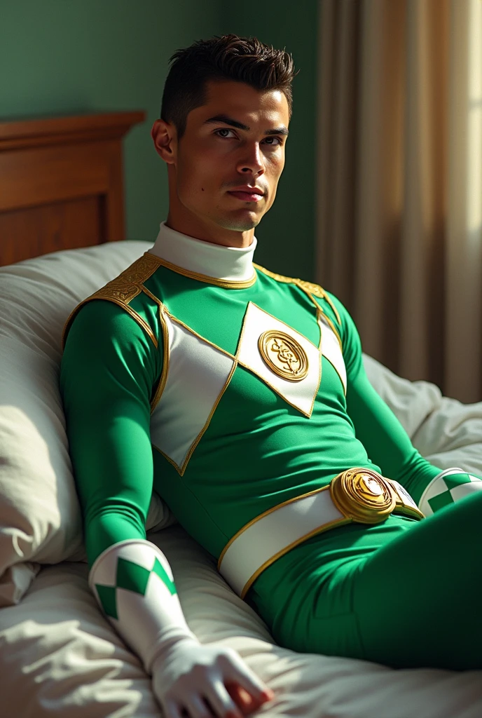 Cr7, traje de Green ranger mighty morphin, Sin casco, tirado en una cama, piel clara