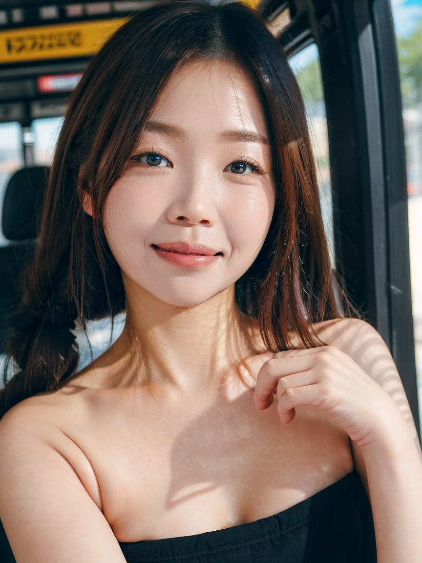 Realistic photos of cute Korean female stars, Uneven twin tails, light makeup, Middle breast size, smile, Color T-shirt, by bus, Clear facial features with crisp, realistic detail, Sony FE, 35mm, Cinema Lighting, Attention to detail, UHigh resolution, high quality, High resolution, 8k, 16K