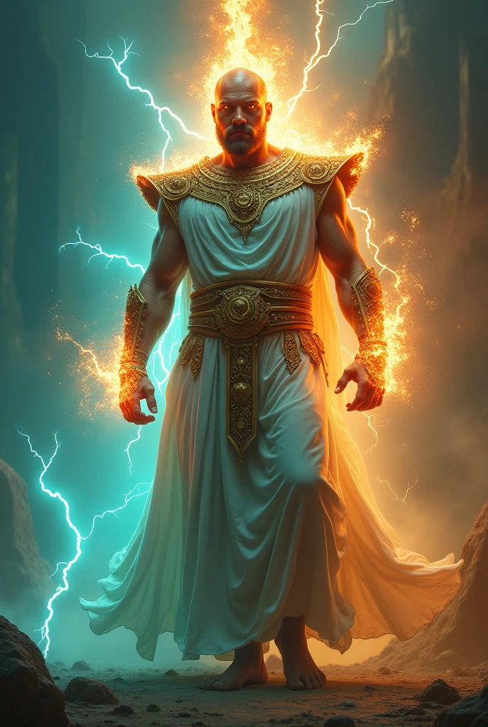 one men, linen dress, his shoulders girded with gold.
Your body like turquoise, his face like lightning, your eyes with flames of fire, his arms and feet the color of bronze