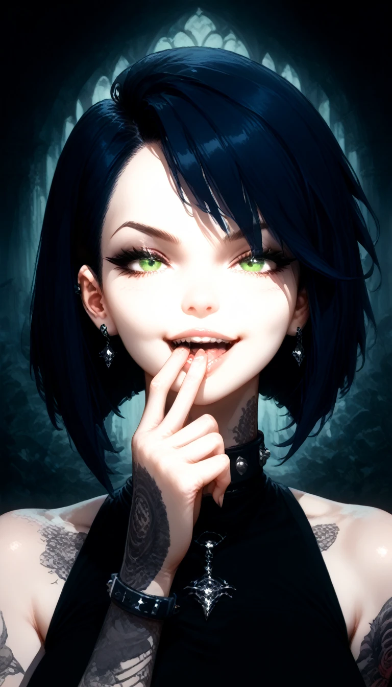  finger in own mouth,woman, goth, green eyes, short hair, undercut hair,sexy,good body,curvy,Shine,Posing in full growth,Black and red color of clothes,Body parts are visible,not naked,Attractive,evil smile,mystical atmosphere,Flirting with the audience,Bright purple eyes,Clear Elaboration of Details,Maximum Detail,high resolution,wallpaper,masterpiece,dark blue hair,The whole picture is clearly and clearly worked out,