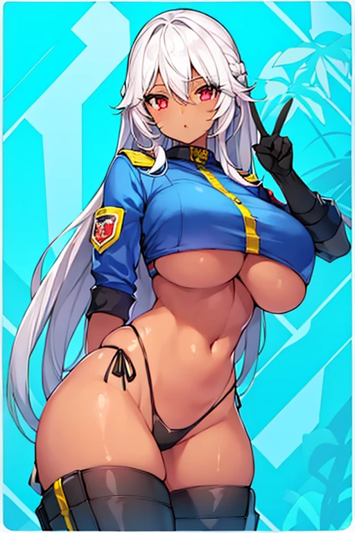 1girl, dark skin, dark-skinned female, red eyes, white hair, long hair, large breasts, thick thighs, underboob, hourglass figure, mature female, thighhighs, police, police uniform, parted lips, bikini, highleg bikini, peace sign, v, gloves, neon trim,