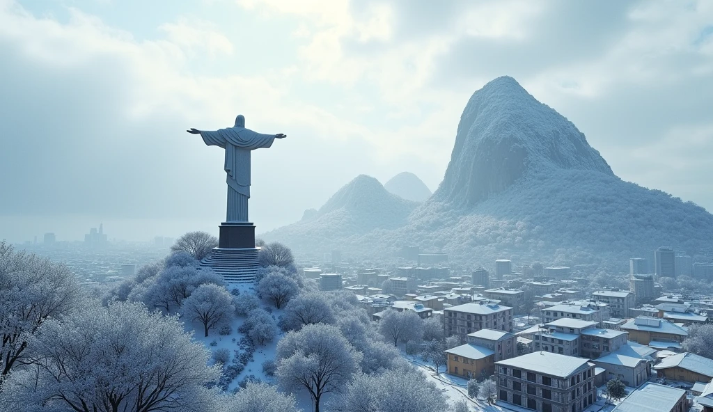 Create a realistic image of Rio de Janeiro covered in snow, near Christ the Redeemer, with a lot of snow