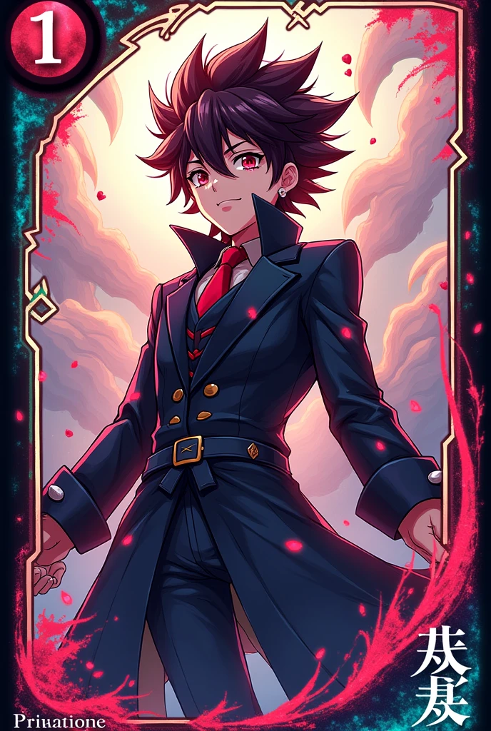 Create an image for an anime card game. The letter should have a layout that includes the following elements:
Character Image: In the center of the letter, include a detailed and colorful illustration of the anime character. The character must have a striking look and be in a dynamic pose..
Character's Name: At the top of the letter, add a space for the character's name in a stylized font that matches the anime theme.
stats:
Attack: In the upper left corner, insert a box or icon for the character's attack value.
defense: In the bottom left corner, put a box or icon for the defense value.
life: In the bottom right corner, include a box or icon for lifetime value.
Special ability:
Skill Name: Na parte superior direita, add a box or section for the special skill name.
Skill description: Below the skill name, insert a space for a brief description of the special ability.
Design and Style: Make sure your letter design is cohesive and aesthetically pleasing., matching the anime style. Use colors and graphic elements that complement the character illustration.
The result should be a visually appealing and easy to read letter., ideal for an anime card game.