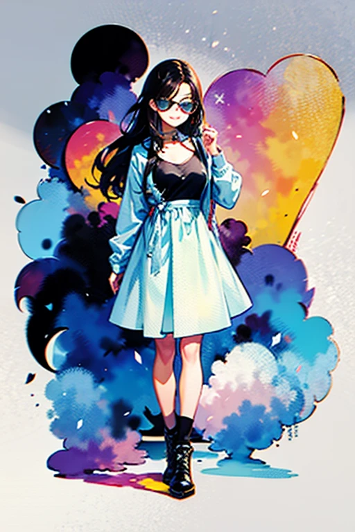 Full body, a woman with freckles, dark brown eyes, and an upturned nose, she is happy, she has long wavy black hair, wearing aviator sunglasses with clear lenses in a soft watercolor style. The girl's clothes must be in pink, purple, and blue in celebration of the bisexual, with stains of ink and watercolor mixing and filling the scene. There should be a subtle, nuanced change in colors using the impasto technique with gouache paint. There should be a light rain in the watercolor painting with a little watercolor paper texture and a pastel background.