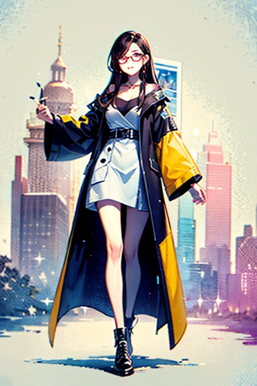 Full body, a woman with freckles, dark brown eyes, and an upturned nose, she is happy, she has long wavy black hair, wearing aviator sunglasses with clear lenses in a soft watercolor style. The girl's clothes must be in pink, purple, and blue in celebration of the bisexual, with stains of ink and watercolor mixing and filling the scene. There should be a subtle, nuanced change in colors using the impasto technique with gouache paint. There should be a light rain in the watercolor painting with a little watercolor paper texture and a pastel background.