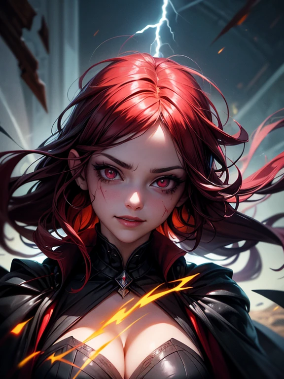 1girl, detailed face, beautiful detailed eyes, beautiful detailed lips, extremely detailed face and eyes, long eyelashes, red eyes, fire witch, blood on face, flying hair, cleavage, light particles, lightning rays, colorful, high contrast, vampire, smirk, evil smile, psychopathic smirk, psychopathic smile, tilted head, dark fantasy, dramatic lighting, supernatural, moody, cinematic, vibrant colors, volumetric lighting, dramatic atmosphere, intricate details, masterpiece, best quality, 8k, high resolution, hyper detailed, photorealistic