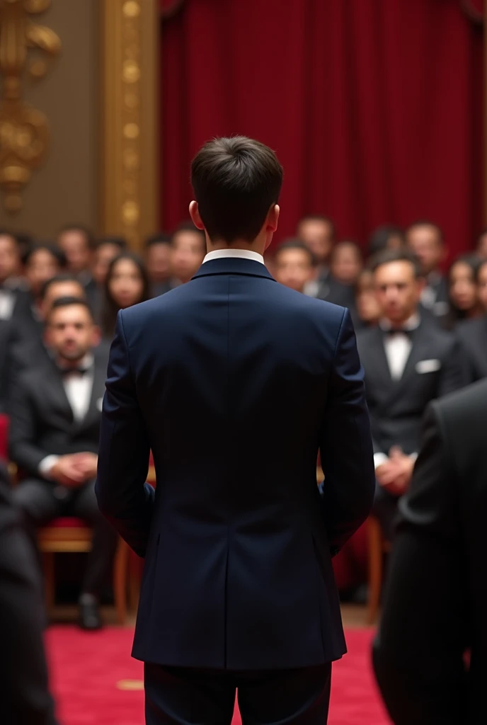 A 20 year old gentleman addressing people.He is in a navy blue suit and a black tie.The room is full of red carpet show the faces of the people it's blurry