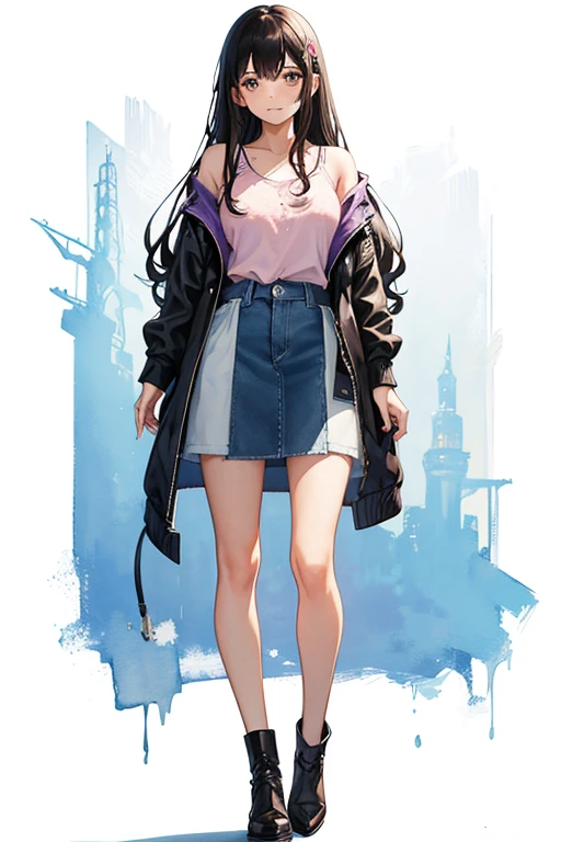 Full body, a woman with freckles, dark brown eyes, and an upturned nose, she is happy, she has long wavy black hair, wearing aviator sunglasses with clear lenses in a soft watercolor style. The girl's clothes must be in pink, purple, and blue in celebration of the bisexual, with stains of ink and watercolor mixing and filling the scene. There should be a subtle, nuanced change in colors using the impasto technique with gouache paint. There should be a light rain in the watercolor painting with a little watercolor paper texture and a pastel background.