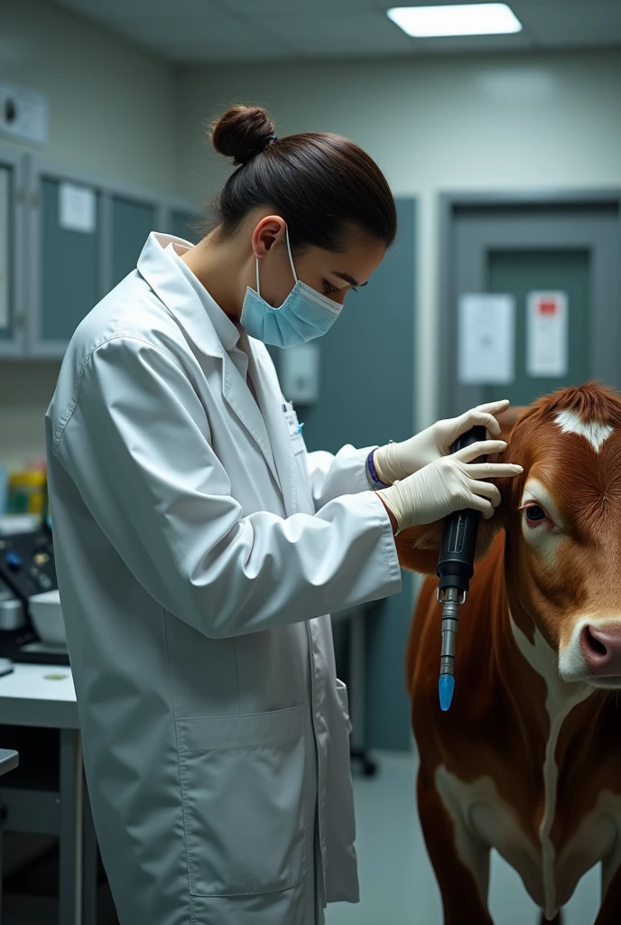 The image of a zootechnician attending to a cow