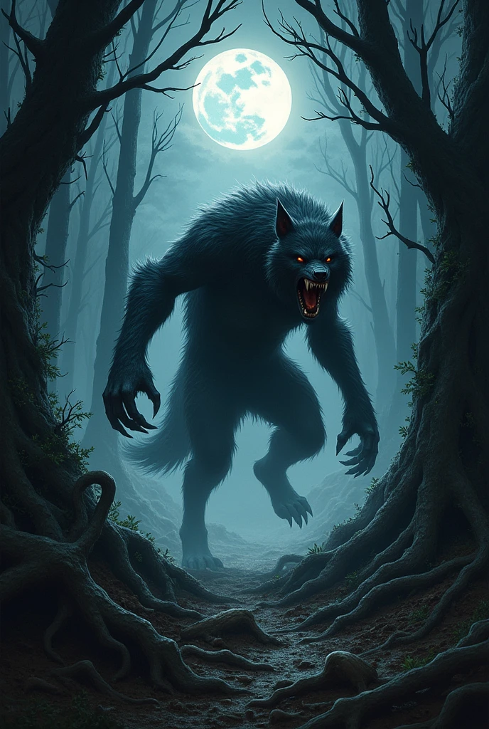 I want a very macabre and dark scenario of a werewolf diving into the middle of the trees of a dark forest.< at night it makes the image darker
