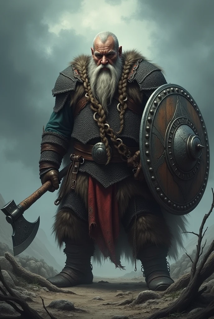 A gloomy, grim fantasy dwarf in full chain armour, (no rust), middle aged man, with long beard and long hair, which are braided and decorated with iron rings, holds a battle axe in one hand and a shield in the other