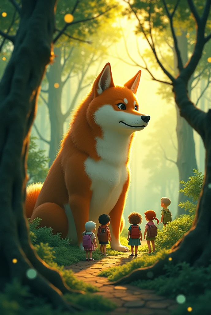 1. style: "3D Rendering", "Fantasy Illustration", "Ghibli style"
2. scene: "mysteriousな森", "Foggy forest"
3. character:
- "Giant Shiba Inu" Listening - "Five little adventurers with backpacks"whisper something. illumination: "Fantastic Light", "wood々Light coming in from between"
5. tone: "暖かなtone", "Green and gold contrast"
6. details:
- "苔むしたwoodの根"
- "Fern plants"
- "Forest Path"
7. composition: "Tiny adventurers versus giant animals"
8. atmosphere: "mysterious", "Inspire your sense of adventure", "Fantasy"
9. texture: "Soft coat", "Bark detail"
10. time zone: "In the morning haze" or "At dusk"
