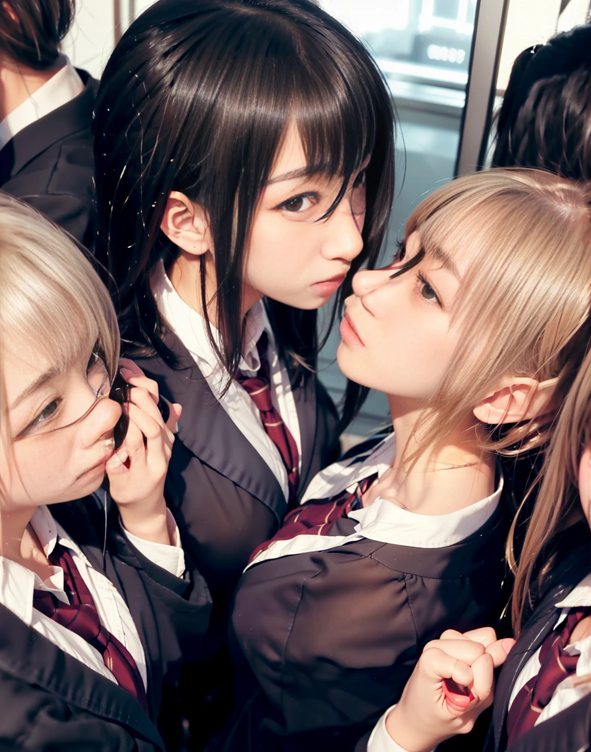 8k,masterpiece,Japanese,best quality, (schoolgirls:1.5), (kissing:1.4), reluctantly, (blush:1.1), (breasts:1.1)