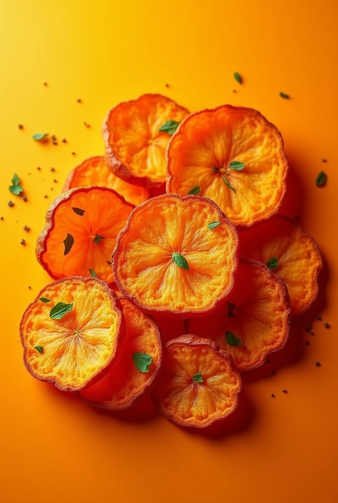 DARK ORANGE COLORED SWEET POTATO IN THIN SLICES FRIED IN SLICES WITH AN ORANGE AND YELLOW BACKGROUND FOR A PRESENTATION