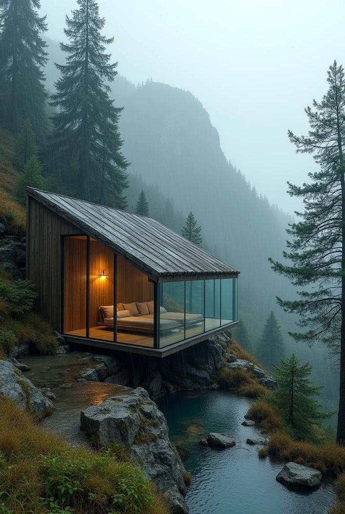 A solitary room nestled within the rainy mountains, partially sunken into the ground, is visible from a distance, giving it a cozy, hidden feel. From afar, the room's clear glass walls blend seamlessly with the misty, rain-soaked landscape, offering an unobstructed view of the surrounding natural beauty. The roof, made of aged, weathered wood, contrasts with the sleek glass walls, adding a touch of rustic charm. The room is enveloped by towering, rain-drenched pine trees and rugged terrain, with mist rolling down the mountainsides. The distant view highlights the room's isolation and tranquility, making it a perfect retreat for peaceful reflection amidst the rain and wilderness.