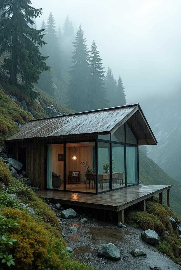 A solitary room nestled within the rainy mountains, partially sunken into the ground, is visible from a distance, giving it a cozy, hidden feel. From afar, the room's clear glass walls blend seamlessly with the misty, rain-soaked landscape, offering an unobstructed view of the surrounding natural beauty. The roof, made of aged, weathered wood, contrasts with the sleek glass walls, adding a touch of rustic charm. The room is enveloped by towering, rain-drenched pine trees and rugged terrain, with mist rolling down the mountainsides. The distant view highlights the room's isolation and tranquility, making it a perfect retreat for peaceful reflection amidst the rain and wilderness.
