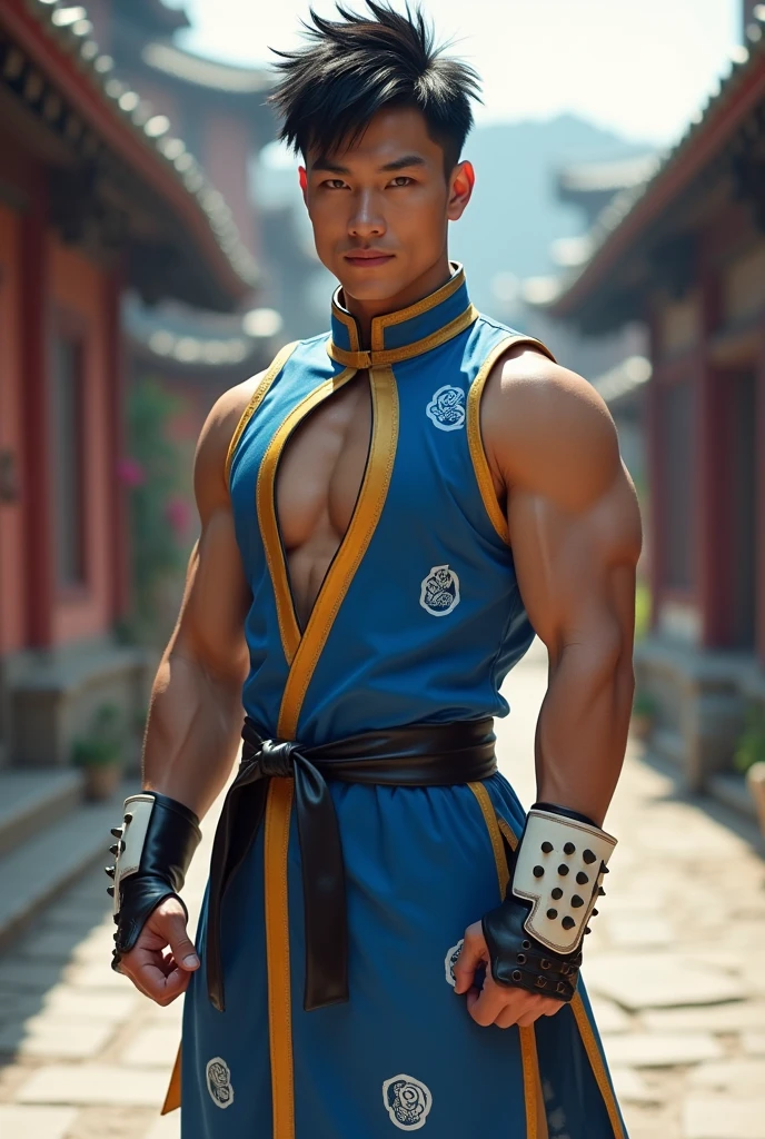 Create a live-action depiction of a gender-swapped Chun-Li from Street Fighter. The character should have short, black hair styled in a sleek, spiky manner, with the original hair color and length preserved. His outfit should be a modified version of Chun-Li’s iconic blue qipao, adapted into a masculine design that still retains the original elements like the gold trim and white designs. The qipao should be sleeveless, showcasing his muscular arms, with the chest area slightly opened to reveal a defined physique. He should wear the same spiked wristbands, and his boots should be taller, matching the original white-and-blue color scheme. His physique should be powerful and athletic, reflecting his agility and strength. The background should be an urban environment, such as a bustling city street or a traditional Chinese courtyard, capturing Chun-Li’s balance between tradition and modernity. The overall image should portray Chun-Li’s iconic grace and power while accentuating his new gender and appearance. The colors and details should remain true to the original character to ensure precise recreation.