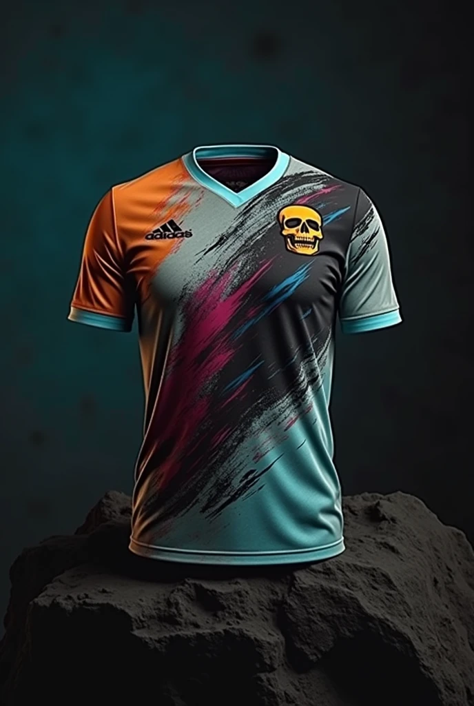 Generate a sports jersey, that has details of skulls, In the flannel the light gray color predominates accompanied by the following orange colors, fuchsia, red wine, dark blue