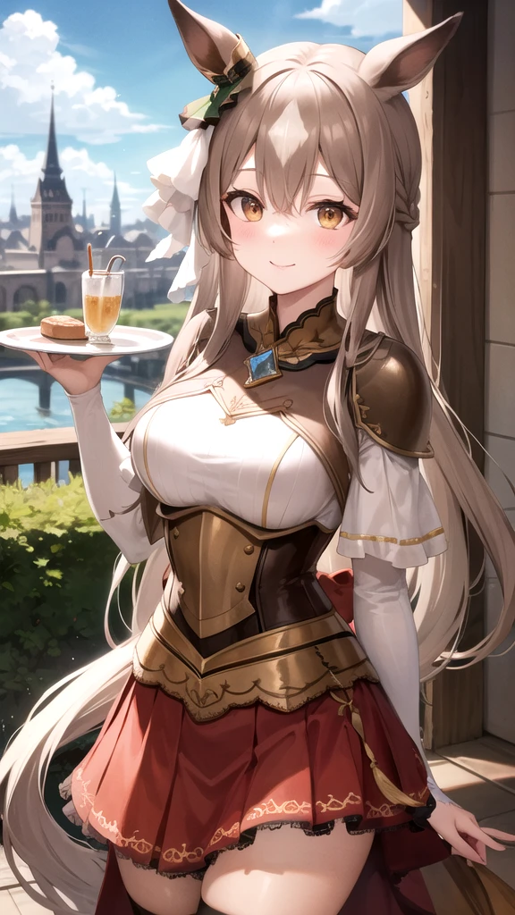 masterpiece, best quality, highres, {{8k}},
BREAK,
aasato, long hair, half updo, braid, hair between eyes, animal ears, ear ornament, medium breasts, plate armor, long red skirt, cowboy shot, shy smile, blush, cute, wide hips, busty,
BREAK,
outdoor, castle,