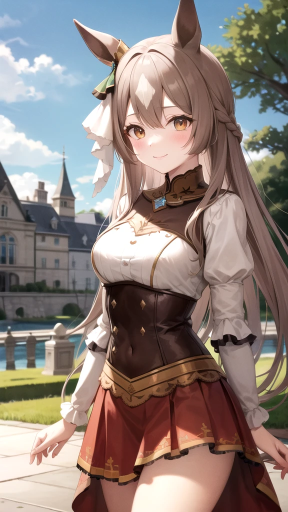 masterpiece, best quality, highres, {{8k}},
BREAK,
aasato, long hair, half updo, braid, hair between eyes, animal ears, ear ornament, medium breasts, plate armor, long red skirt, cowboy shot, shy smile, blush, cute, wide hips, busty,
BREAK,
outdoor, castle,