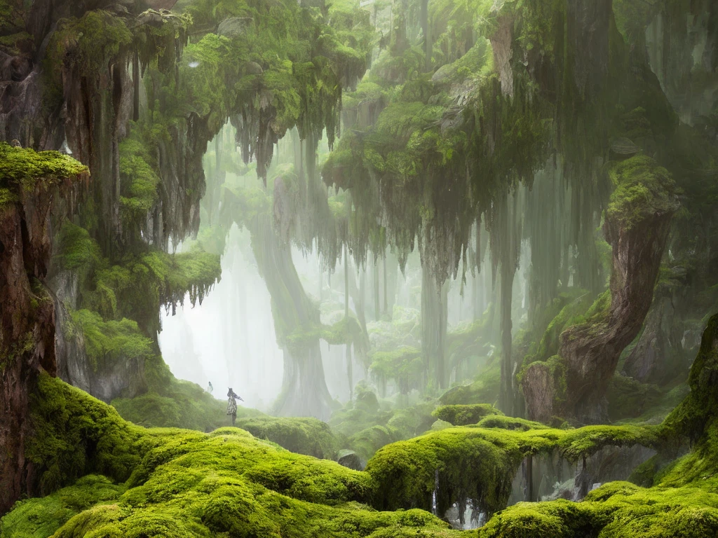 Fairy castle interior decorated with lush furniture in pastel colors, and moss, eerie atmosphere, soft volumetric light, high chaos, intricate work by Johan Grenier style, Alyssa Monks style
