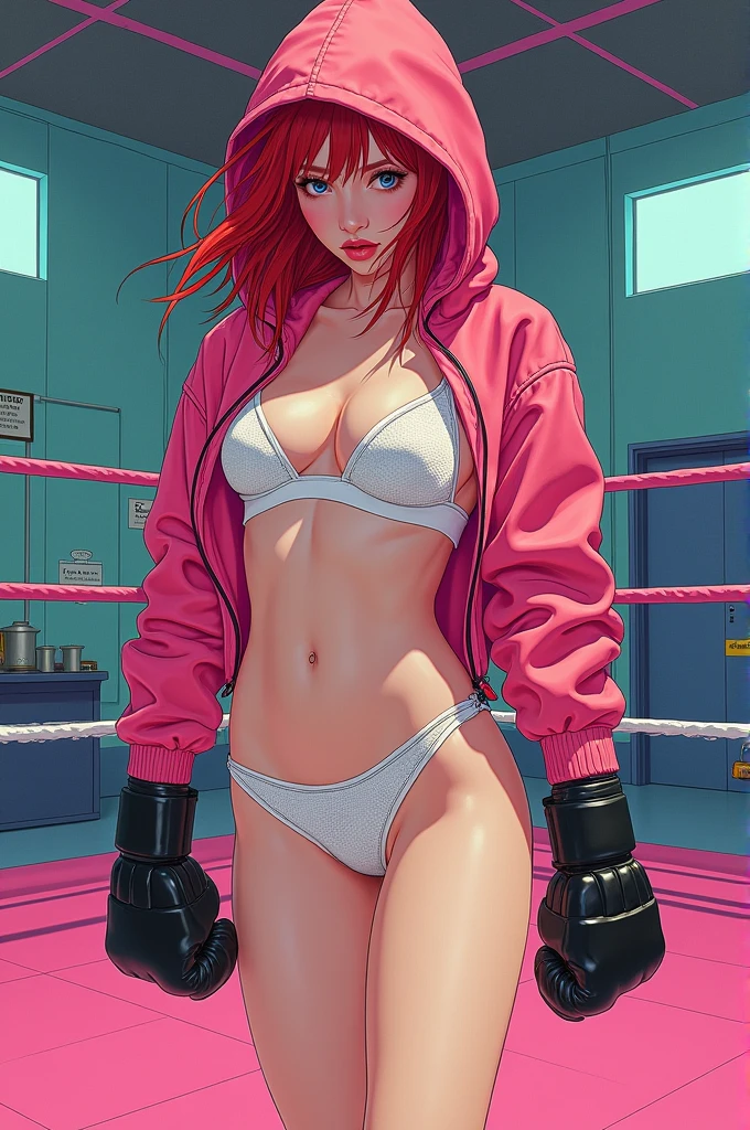 An extremely detailed full body illustration, from Japanese comics from the 1980s, 8K resolutions, 1 girl, alone, fine legs, featuring Blackpink, Characteristic for seduction, The character has striking red hair partially hidden under a reflective pink hoodie., with pale skin and a slender physique. She is training hard in a boxing ring, wearing retro sportswear, including white mesh crop top without bra, white sheer bikini with racerback without pants, black open boxing gloves, and tennis, Bra Comes Out, niplles, highlight chest. The scene is vibrant with retro colors and dynamic lines, capturing the intensity of your workout while mixing in a sporty style, chic, and retro aesthetics.