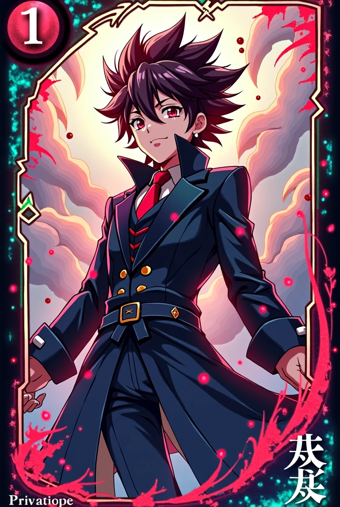 Create an image for an anime card game. The letter should have a layout that includes the following elements:

Character Image: In the center of the letter, include a detailed and colorful illustration of the anime character. The character must have a striking look and be in a dynamic pose..

Character&#39;s Name: At the top of the letter, add a space for the character&#39;s name in a stylized font that matches the anime theme.

stats:

Attack: In the upper left corner, insert a box or icon for the character&#39;s attack value.
defense: In the bottom left corner, put a box or icon for the defense value.
life: In the bottom right corner, include a box or icon for lifetime value.
Special ability:

Skill Name: Na parte superior direita, add a box or section for the special skill name.
Skill description: Below the skill name, insert a space for a brief description of the special ability.
Design and Style: Make sure your letter design is cohesive and aesthetically pleasing., matching the anime style. Use colors and graphic elements that complement the character illustration.

The result should be a visually appealing and easy to read letter., ideal for an anime card game.