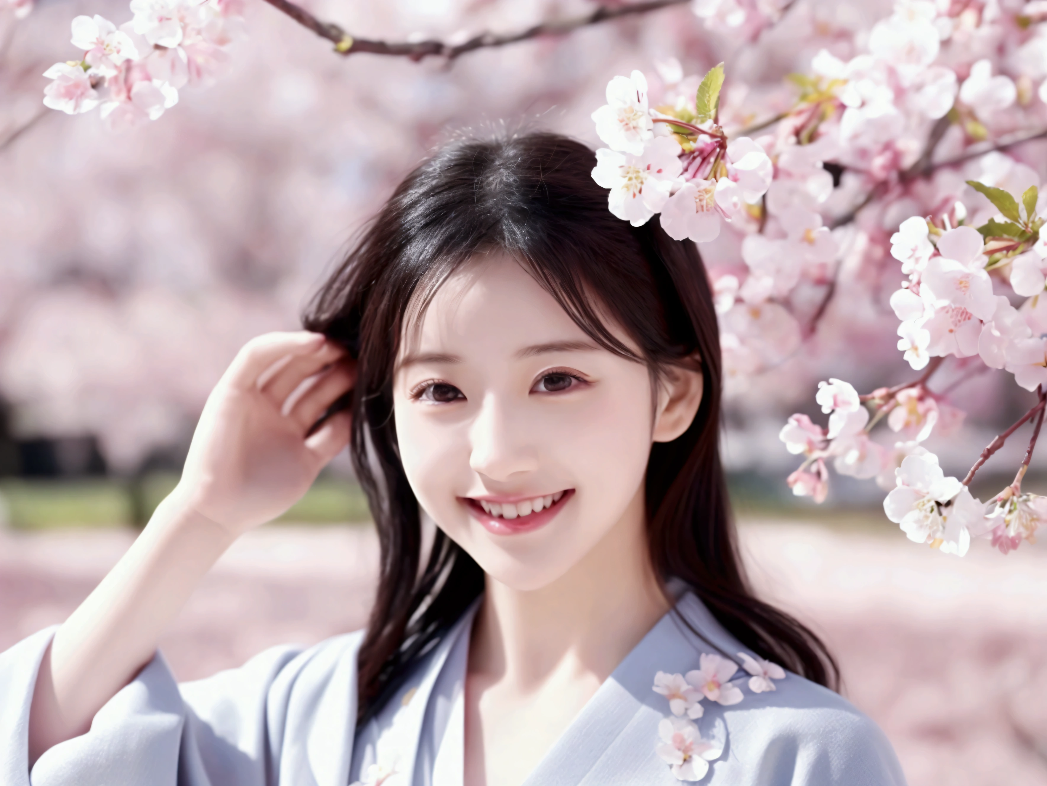 Pale cherry blossom base、Bright smile、Highest quality、8k、Ultra-high resolution、Cherry blossoms blooming park background、Realistic photos、Healthy body shape、Clear eyes、Shiny black hair、Delicate cherry blossom colored kimono、A refreshing look、Soft natural light、Contemporary Japanese art style、Pale colors、Exhilarating atmosphere、Subtle details、Graceful pose、Landscape full of flowers