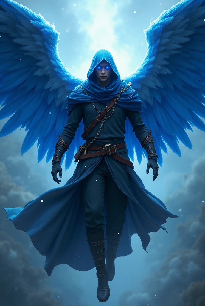 Angelic Warrior with hood and a heavenly aura with (Rinnegan White) a penetrating gaze with male levitating blue wake wings, Brown leather