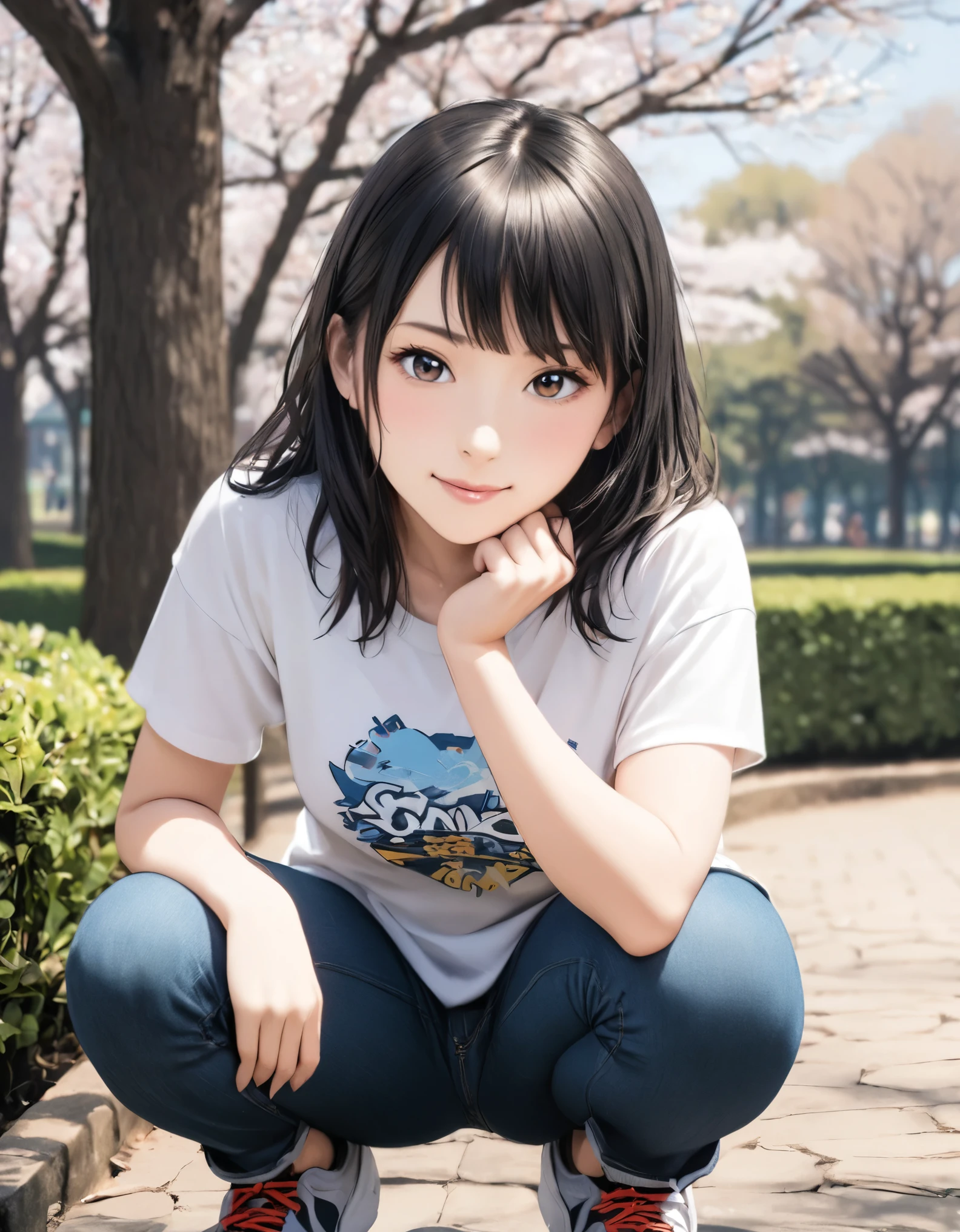 (best quality:1.2), 1girl, Ueno park, T-shirt, hot pants, squat