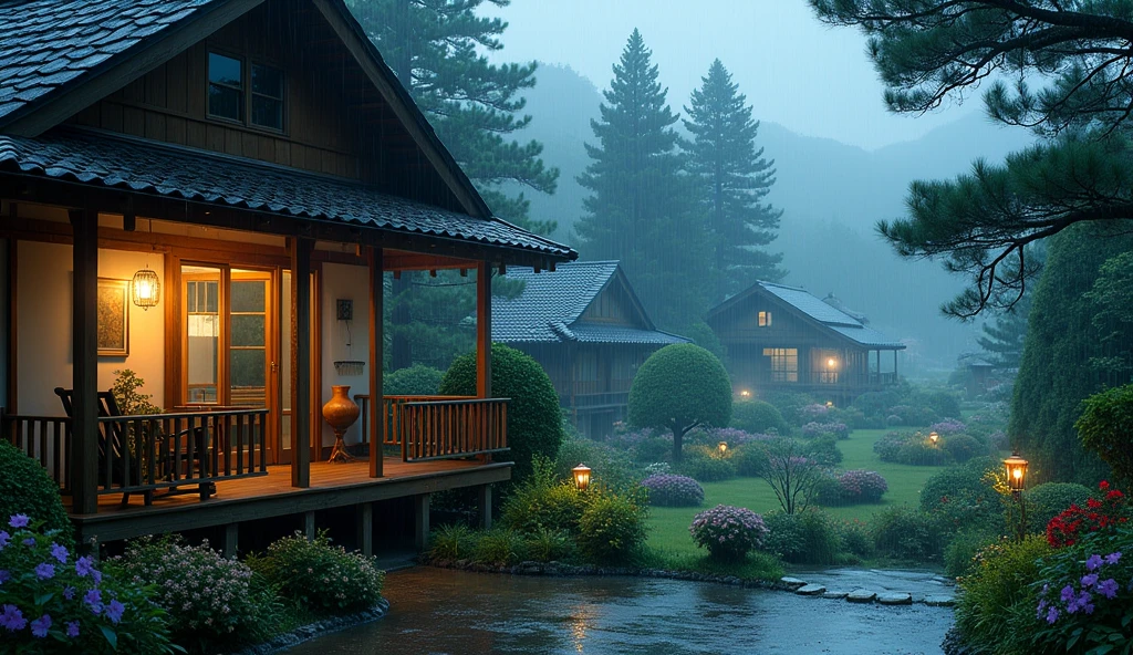 house on wet street with balcony overlooking outside in village, clear glass window, Shirakawa-go, Japan, rainy environment, (((FHD))) (((high definition))), green garden, trees, rainy day, lights, pine, night ambience, lights cozy in the rain, lush japanese landscape, japanese house, rain, fog, , ultra-fine photography, realistic, realistic, purple, red, yellow flowers