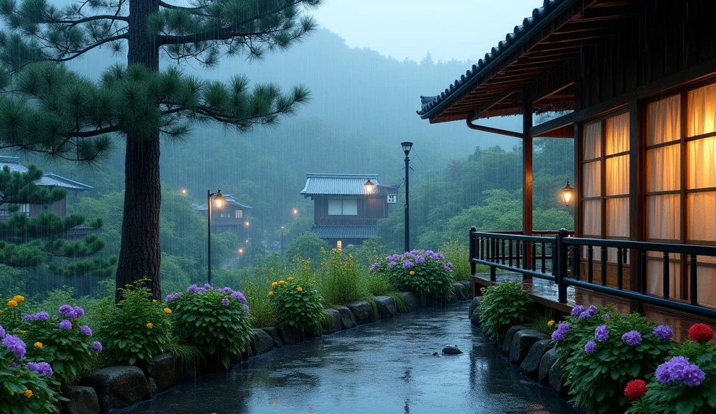 house on wet street with balcony overlooking outside in village, clear glass window, Shirakawa-go, Japan, rainy environment, (((FHD))) (((high definition))), green garden, trees, rainy day, lights, pine, night ambience, lights cozy in the rain, lush japanese landscape, japanese house, rain, fog, , ultra-fine photography, realistic, realistic, purple, red, yellow flowers