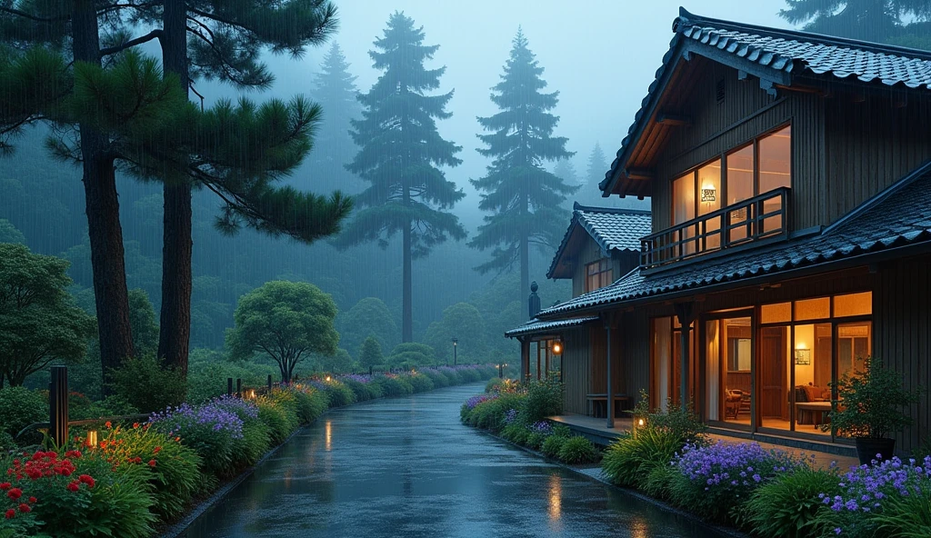 house on wet street with balcony overlooking outside in village, clear glass window, Shirakawa-go, Japan, rainy environment, (((FHD))) (((high definition))), green garden, trees, rainy day, lights, pine, night ambience, lights cozy in the rain, lush japanese landscape, japanese house, rain, fog, , ultra-fine photography, realistic, realistic, purple, red, yellow flowers
