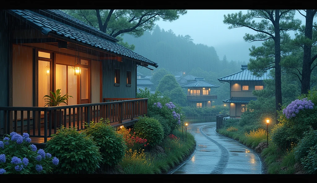  house on wet street with balcony overlooking outside in village, clear glass window, Shirakawa-go, Japan, rainy environment, (((FHD))) (((high definition))), green garden, trees, rainy day, lights, pine, night ambience,  lights cozy in the rain, lush japanese landscape, japanese house, rain, fog, , ultra-fine photography, realistic, realistic, purple, red, yellow flowers