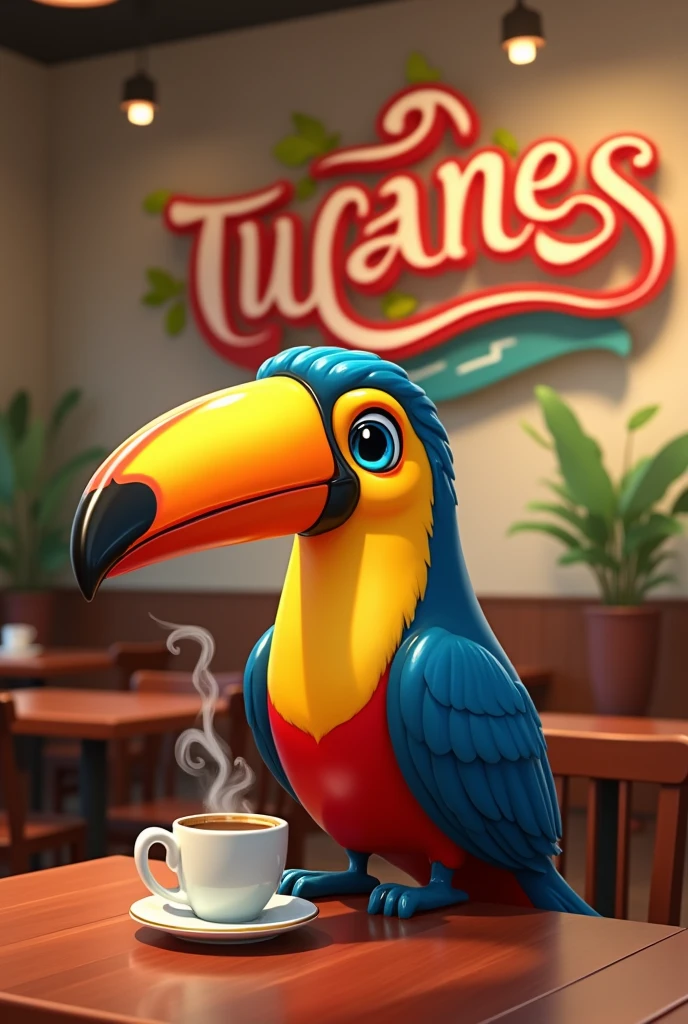CAFETERIA LOS TUCANES WRITTEN AND A BACKGROUND OF A TOUCAN DRINKING COFFEE