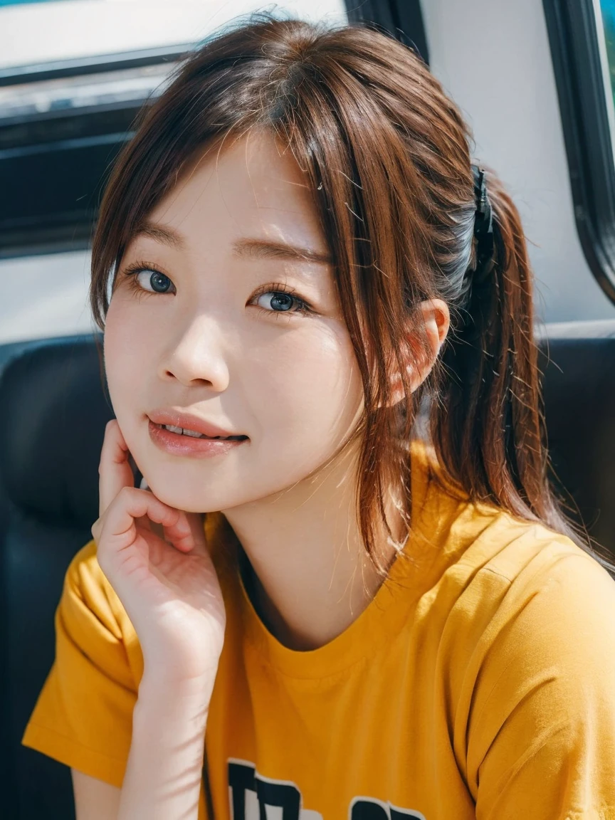 Realistic photos of cute Korean female stars, Uneven twin tails, light makeup, Middle breast size, smile, Color T-shirt, by bus, Clear facial features with crisp, realistic detail, Sony FE, 35mm, Cinema Lighting, Attention to detail, UHigh resolution, high quality, High resolution, 8k, 16K