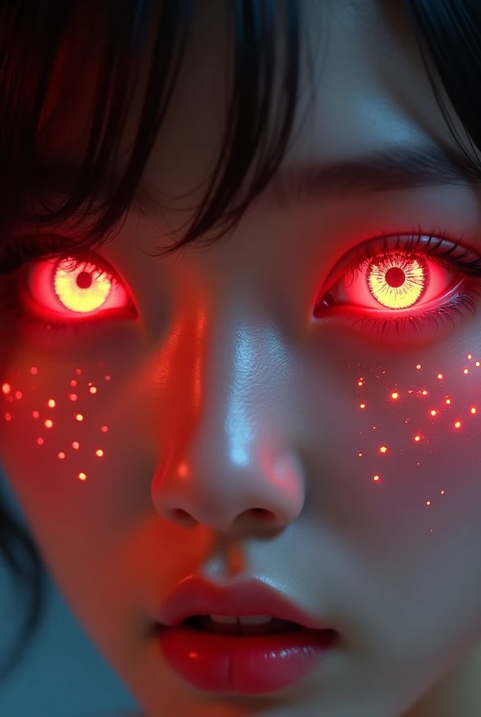 macro Photo: glowing red eyes of a beautiful Japanese woman, Her eyes light up and digital data flows in her eyes, close up --ar 16:9 --cref https://s.mj.run/JJzKlb3E52c --v 6.1