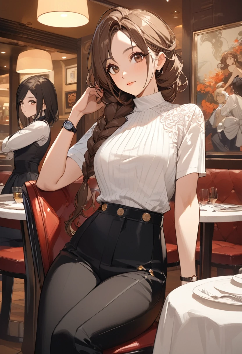 Woman, big brown hair,Brown eyes, a large braid falling over her left shoulder, a white blouse, a pair of black pants, watch on right arm, breasts big, sitting on a chair, restaurant in the background, looking ahead at viewer, perfectbody, perfect hands, detailed outfit, background detailing, Well done face,work of art, The highest image quality 