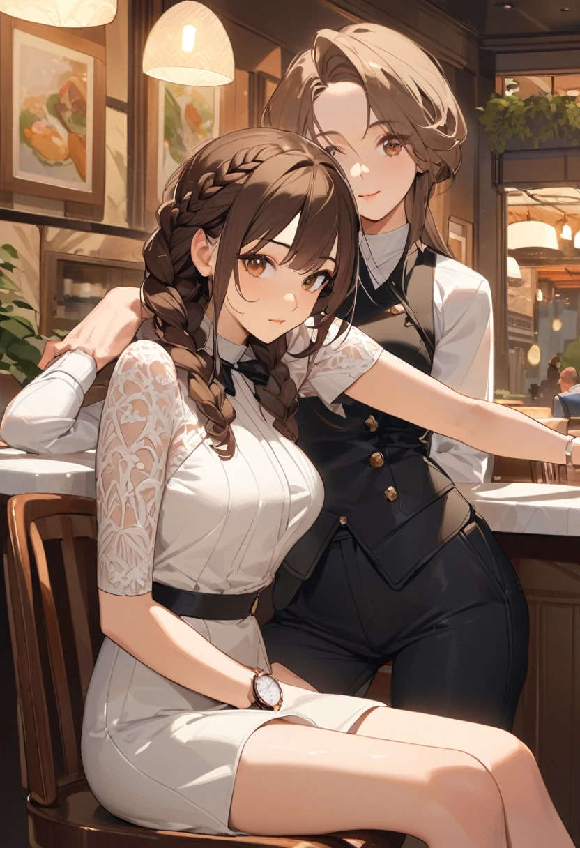 Woman, big brown hair,Brown eyes, a large braid falling over her left shoulder, a white blouse, a pair of black pants, watch on right arm, breasts big, sitting on a chair, restaurant in the background, looking ahead at viewer, perfectbody, perfect hands, detailed outfit, background detailing, Well done face,work of art, The highest image quality