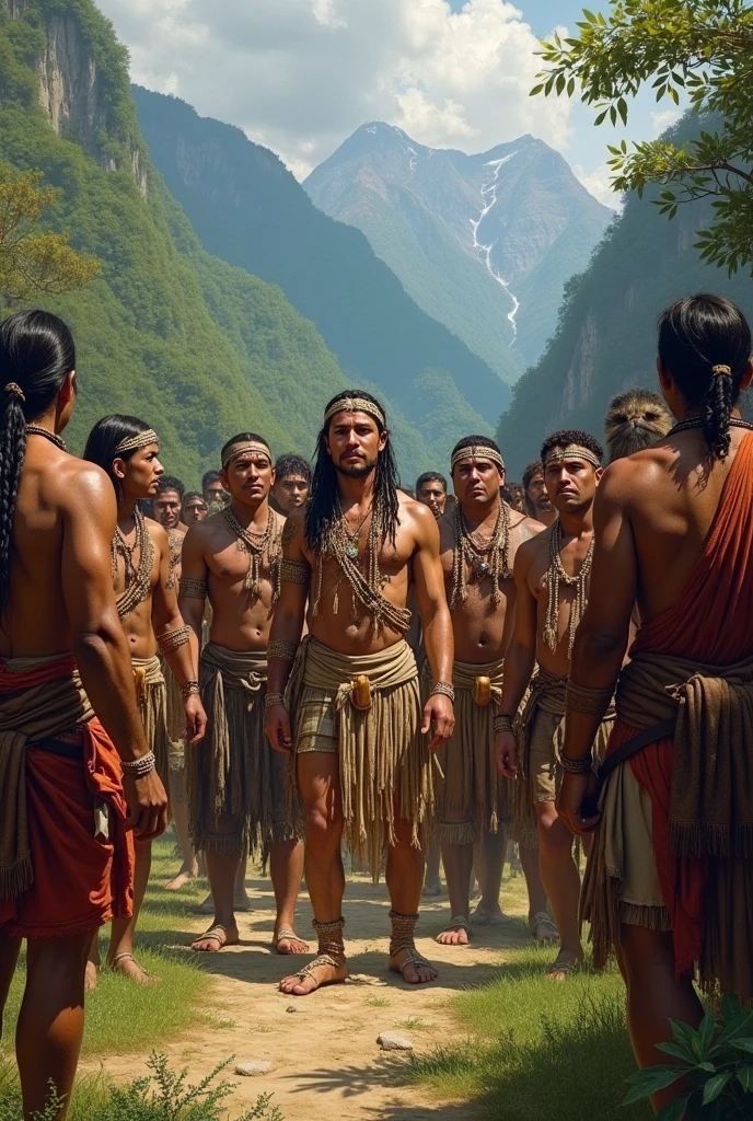 indigenous people against several Europeans approach for a first meeting. The expressions are mixed, ranging from curiosity to distrust.