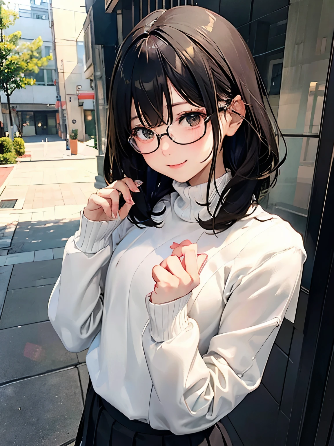 Smile、OL、2、slender、Glasses、Beauty、Bob Hair、Turtleneck sweater、Pleated skirt、draw a thin line、Small breasts、blush、Embarrassed、sexy、Nipples visible