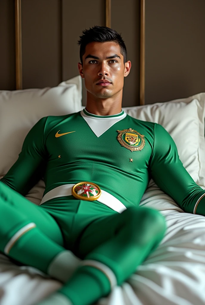 Cristiano Ronaldo, with the Green ranger mighty morphin costume, without helmet, lying on a bed, clear skin