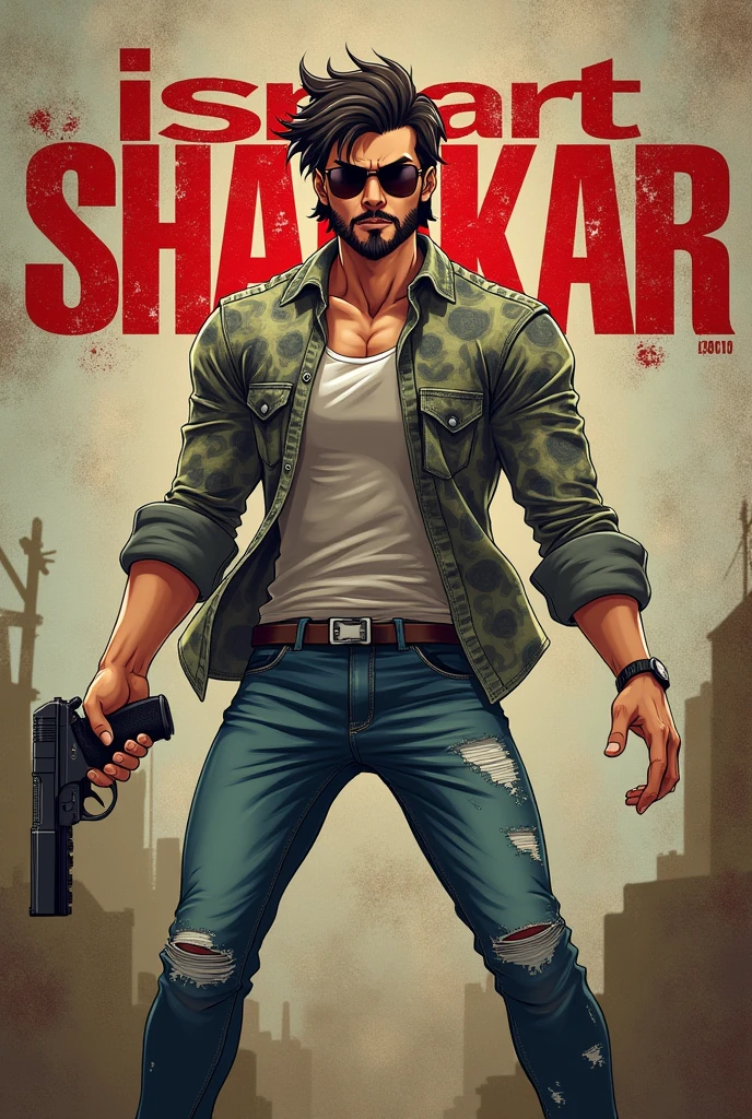 Create a anime style landscape long shoot image. Promotional anime poster. The anime style layout features a central figure, a handsome man with a beard and reflection colour full sunglass, standing with arms outstretched and one hand holding pistol against a grungy, textured background. He has a fair skin tone and is dressed in a patterned shirt and distressed jeans. The title 'iSmart Shankar' is displayed top bottom side on the behind him in bold red and white text. The overall design has a rugged, edgy aesthetic. 