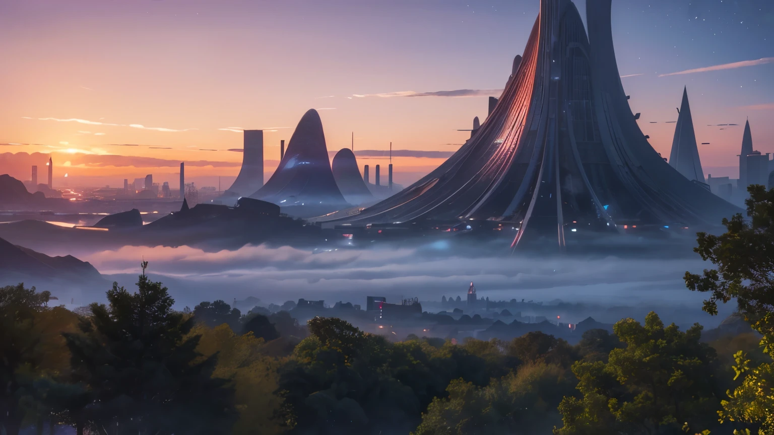 a futuristic amazing city, dim, hyper-realism, best quality, 8k, highres, masterpiece:1.2, ultra-detailed, realistic, photorealistic:1.37, great parks with lots of plants and trees, man photographed from behind, big blue sky, red sunrise, stars in the sky
