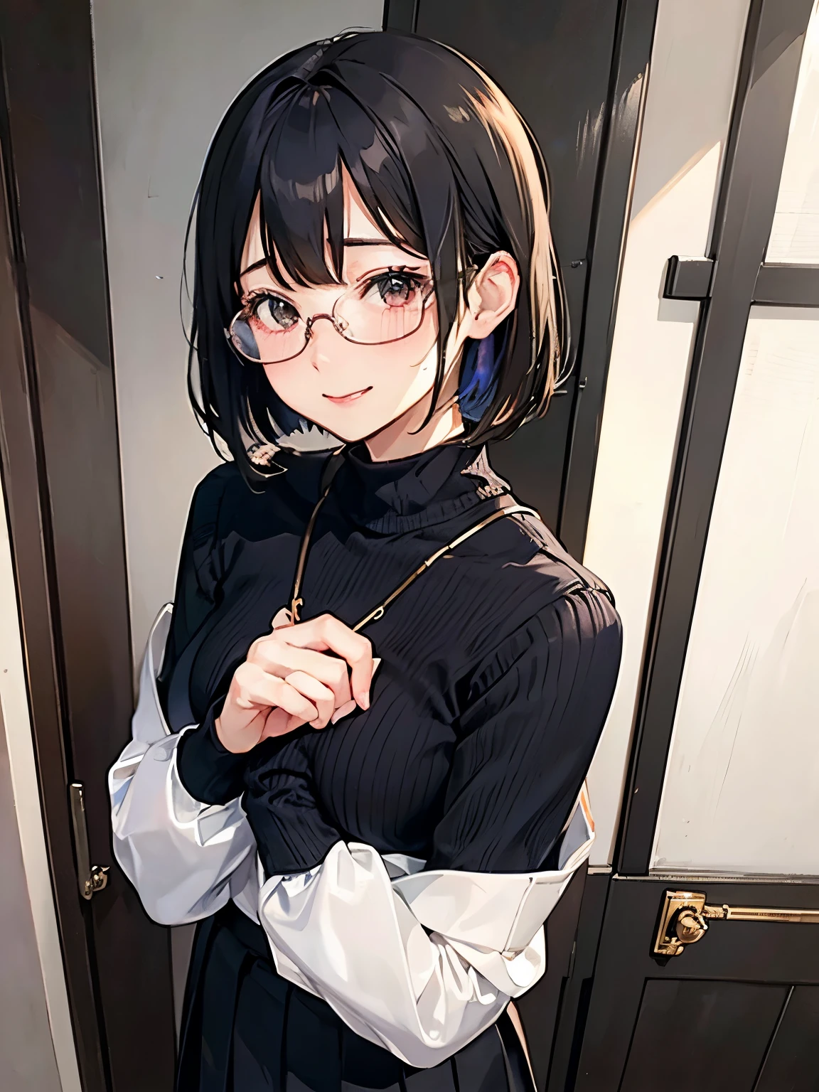 Smile、OL、2、slender、Glasses、Beauty、Bob Hair、Turtleneck sweater、Pleated skirt、draw a thin line、Small breasts、blush、Embarrassed、sexy、Nipples visible