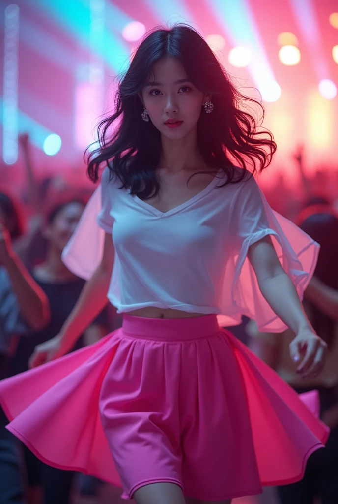 Korean woman with semi-long wavy black hair and dark eyes wearing a pink skirt and a white top dancing at a concert